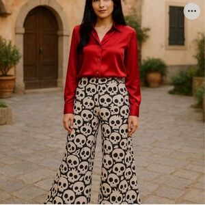 Black & White Jersey Wide Leg Skull Print Pants Pull On Style size L